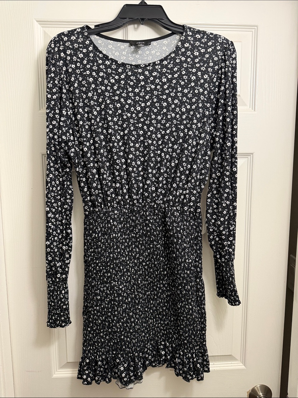 Aqua Black White Floral Long Sleeve Smocked-Waist Dress